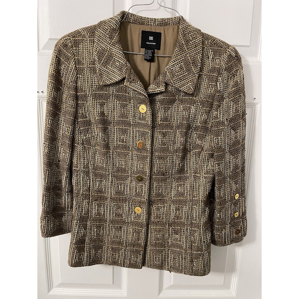 Doncaster Geometric Womens Textured Polyester Blend Blazer SZ 6 Gold Black Vtg